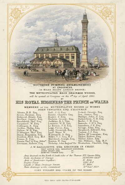 An invitation from the Metropolitan Board of Works to the opening of Crossness, with an illustration of the pumping station and some text with the time and sender of the invitation.