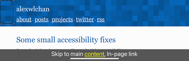 Viewing this web page with VoiceOver in the browser. There's a dark outlined rectangle highlighting the invisible link, and the VoiceOver caption shows 'Skip to main content, in-page link'.