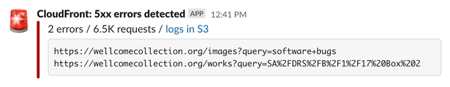 A Slack message: ‘CloudFront: 5xx errors detected. 2 errors / 6.5K requests / link to logs in S3.’ Followed by two URLs for pages on wellcomecollection.org.